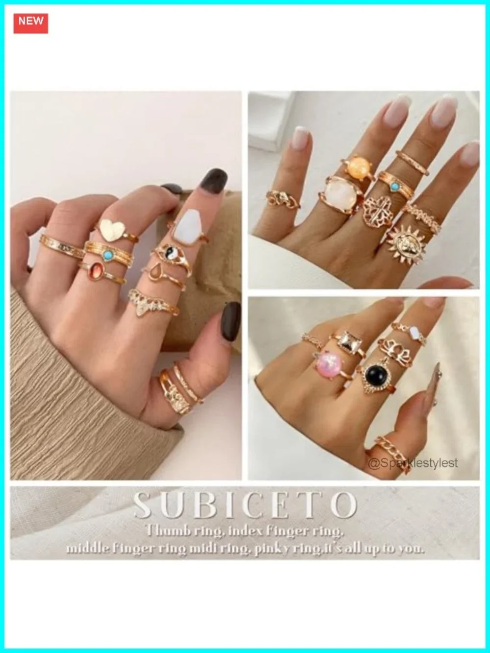 14K Gold Plated 70 Pc Crystal Stacking Knuckle Rings Set Boho Midi Ring Pack